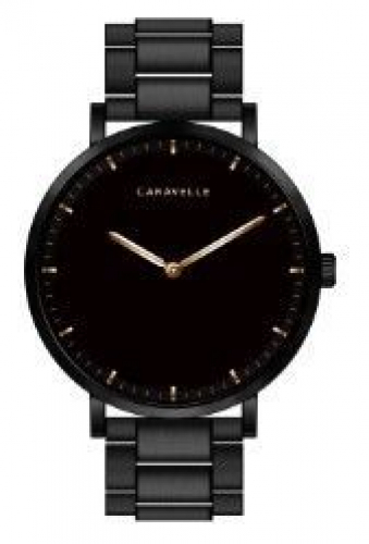 Caravelle Men's Black Stainless Steel Bracelet Watch with Black Dial and Gold Tone Accents