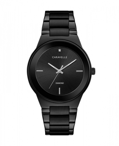 Caravelle Men's Modern Diamond Bracelet Watch Black Stainless Steel with Black Dial