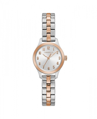 Caravelle Ladies Two Tone Rose and Silver Stainless Steel Bracelet Watch with Arabic Numerals