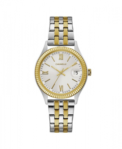 Caravelle Ladies Two Tone Stainless Steel Bracelet Watch with Coin Edge Bezel and Date Marker