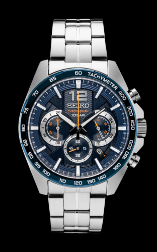 Mens Chronograph Silver Case with Blue Dial with Orange Accents