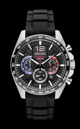 Mens Chronograph Silver Case with Black Dial with Blue & Red Accents