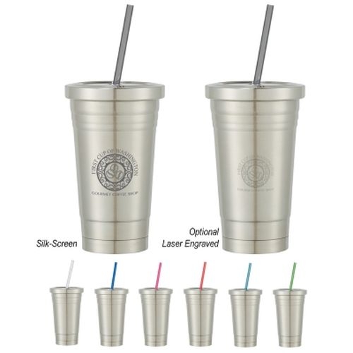 16 Oz. Stainless Steel Cold Cup With Straw