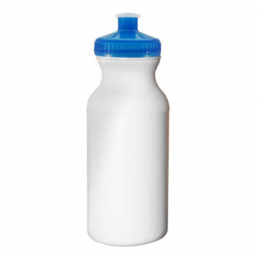 White 20 oz. HDPE Economy Bike Bottle with Trans Blue Push Pull Lid