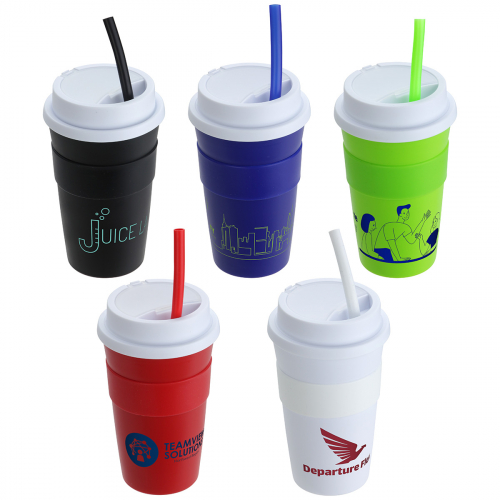 Bistro 14 oz Coffee Cup with Silicone Sleeve + Straw
