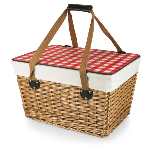 Canasta Willow Basket w/Removable Lid and Double Handles-red and white check lid