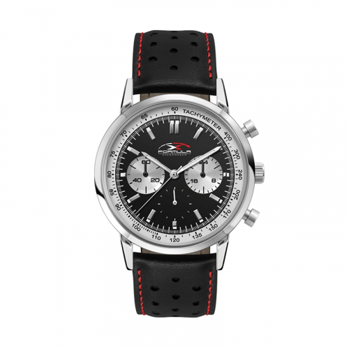 WC5594 42MM METAL SILVER CASE, CHRONOGRAPH MVMT, BLACK DIAL, LEATHER STRAP, FLAT MINERAL CRYSTAL, 3 ATM WTR