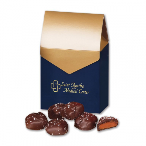 Chocolate Sea Salt Caramels in Navy & Gold Gable Top Gift Box