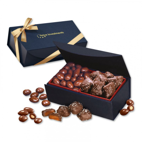 Chocolate Covered Almonds & Chocolate Sea Salt Caramels in Navy Magnetic Closure Box