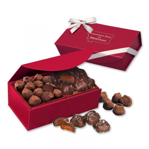 Chocolate Sea Salt Caramels & Cocoa Dusted Truffles in Red Magnetic Closure Box