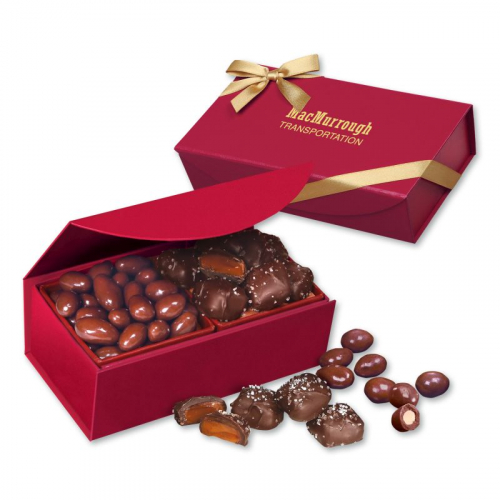 Chocolate Covered Almonds & Chocolate Sea Salt Caramels in Red Magnetic Closure Box