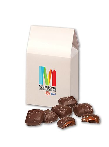Chocolate Sea Salt Caramels in Gable Top Gift Box with Full Color Imprint