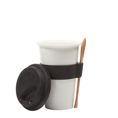 Ceramic Cup w/Silicone Lid, Band, & Bamboo Spoon