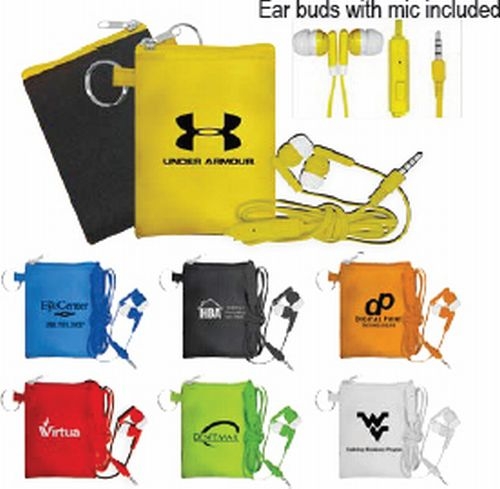 Tall Stretchy Pouch with Colorful Mic & Ear Buds
