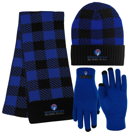 Buffalo Plaid Knit Cap, Fashion Knit Scarf & Text Gloves Combo