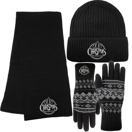 Knit Scarf, Sherpa Lined Beanie and Winter Text Gloves Combo