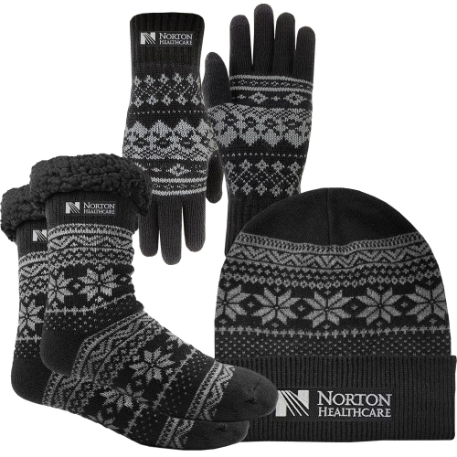 Winter Snowflake Rolled Acrylic Knit Beanie Cap, Sherpa Lined Socks & Text Gloves Combo