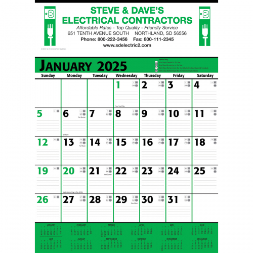 Commercial Planner Wall Calendar: Green & Black 2025, 2+ Imprint Colors
