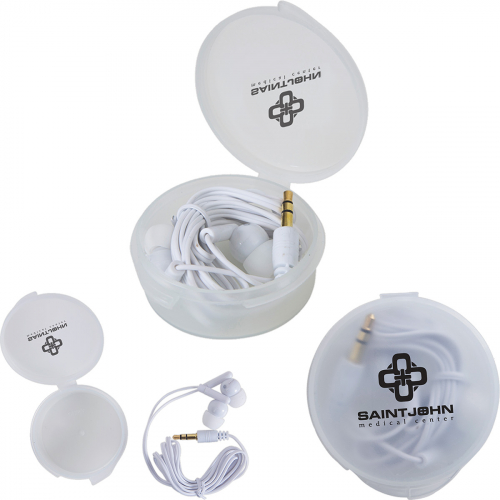 Earbuds in Round Plastic Case