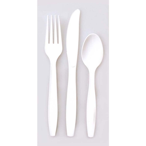White Plastic Fork, Spoon, & Knife Set