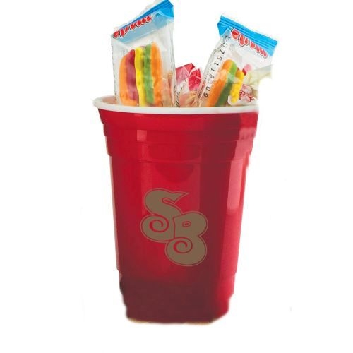 Double-Wall Red Plastic Party Cups with Gummy Hot Dogs