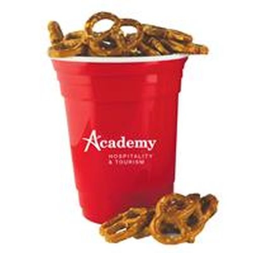Double-Wall Red Plastic Party Cup with Mini Salted Pretzels