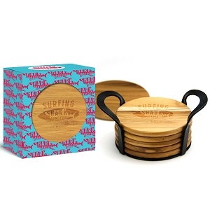 6pc Round Tropical Teak Wood Coaster Set In Gift Box