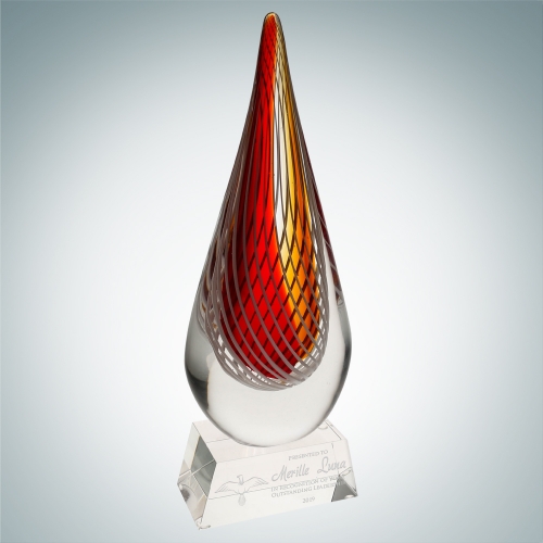 Art Glass Red Orange Narrow Teardrop Award w/Crystal Base