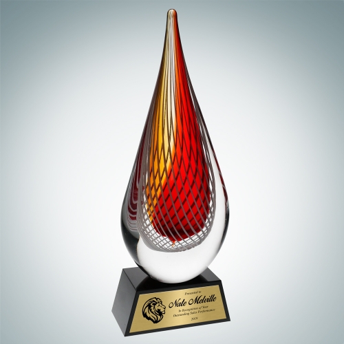 Art Glass Red Orange Narrow Teardrop Award with Black Base and Gold Plate