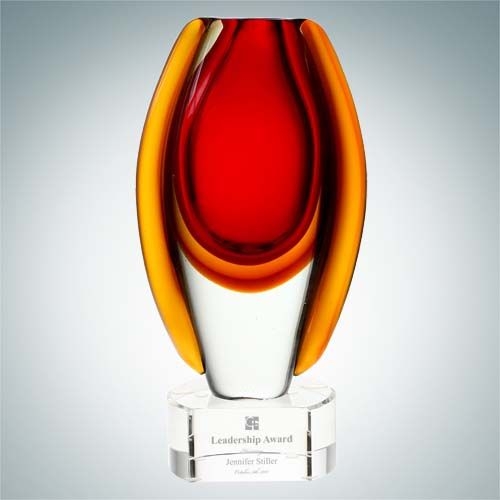 Art Glass Sunfire Red Vase with Base | Optical Crystal, Molten Glass