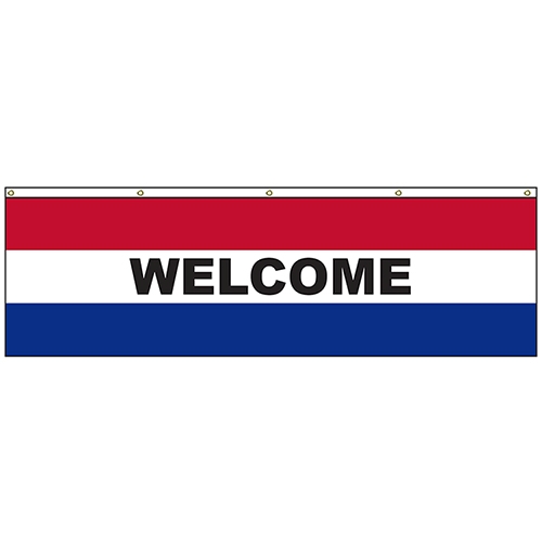 Welcome 3' x 10' Horizontal Flag with Heading and Grommets Across the Top