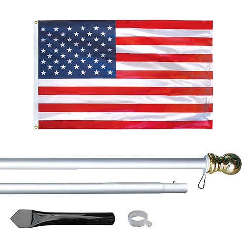 8' Silver Inground Economy Aluminum Display Pole w/ 3' x 5' Printed US Flag