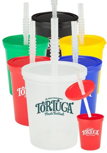 16 Oz. Plastic Stadium Cups with Lid and Straw